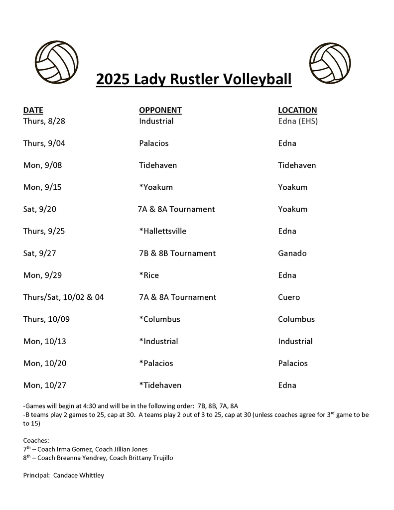 Edna Lady Rustler Volleyball Schedule 8-25-25