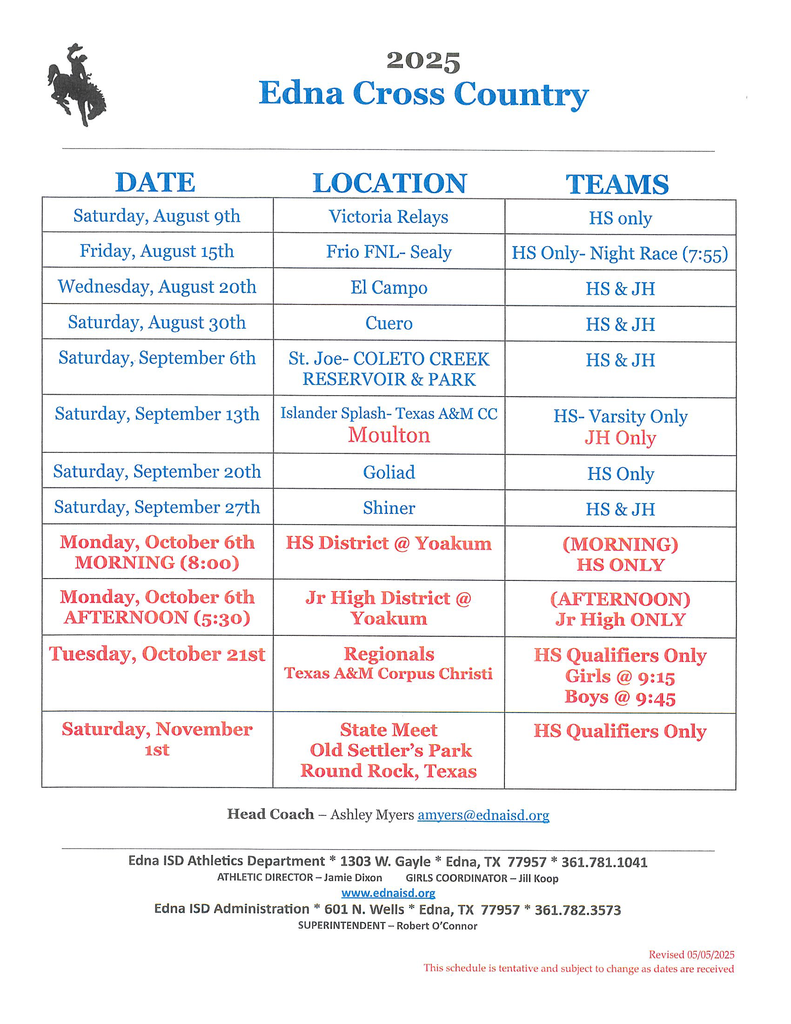 Edna Cross Country Schedule 8-25-25
