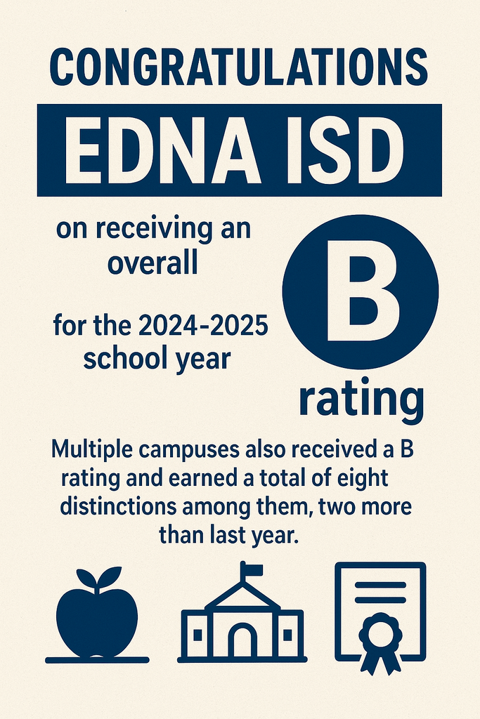 🎉 Congratulations to Edna ISD! 🎉 Our district earned an overall B rating for 2024–2025, with multiple campuses also earning B ratings and a total of 8 distinctions—two more than last year! 💙🤍