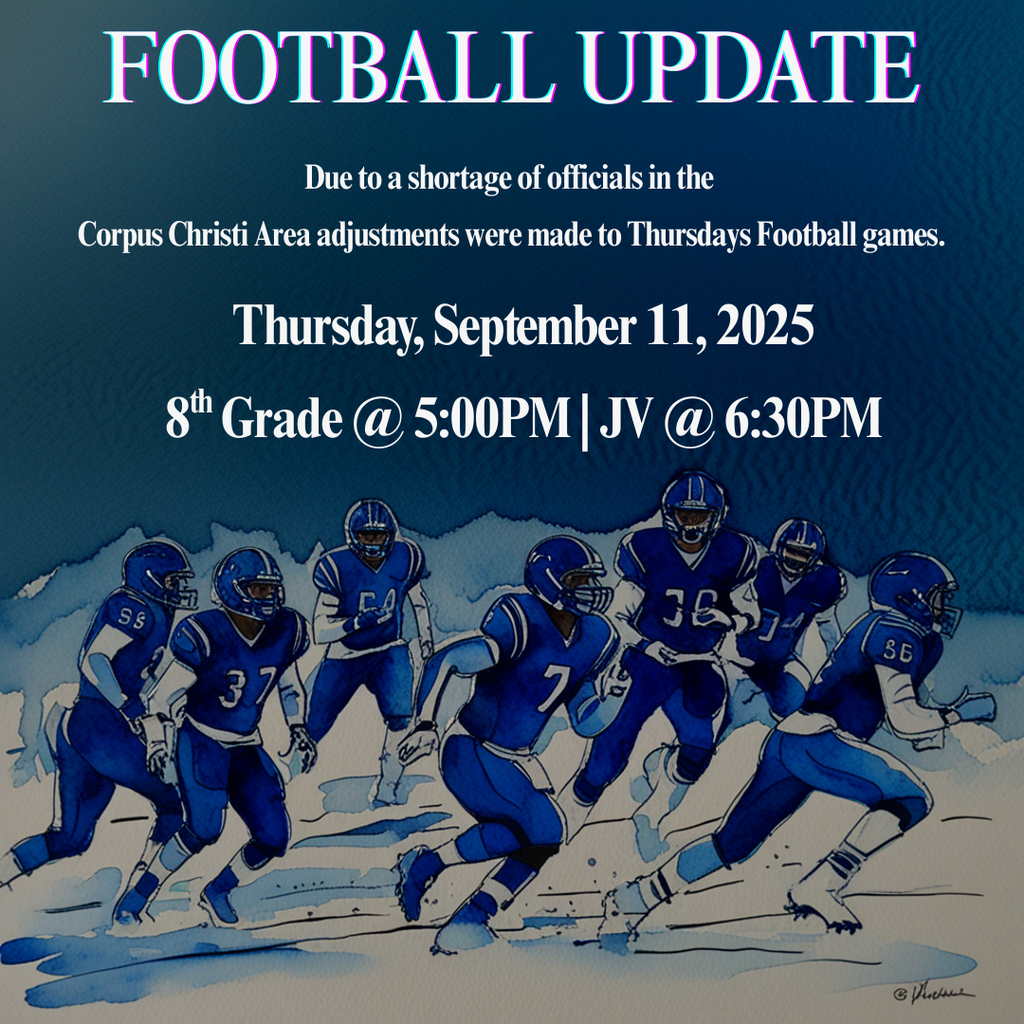 🚨 Schedule Update 🚨 Due to officials shortages in the Coastal Bend, both 8th Grade (5PM) and JV (6:30PM) football games will be played Thursday in Edna. 💙🤍🐴