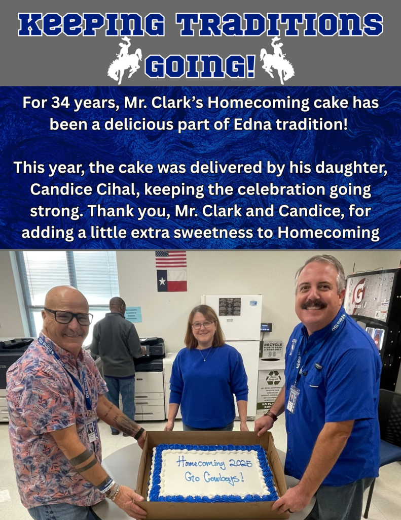 It’s year 34 of Mr. Clark’s legendary Homecoming cake! 🍰💙  This long-standing tradition is still going strong — and this year, the cake was delivered by his daughter, Candice Cihal!  Thank you to Mr. Clark and Candice for keeping the tradition alive and adding some extra sweetness to Homecoming week! 💙🤍