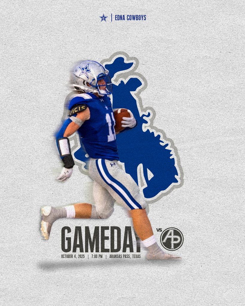 🏈 It’s Game Day, Cowboy Nation! 🏈  Your Edna Cowboys take on the Aransas Pass Panthers tonight at Cowboy Memorial Stadium for our Homecoming matchup. Kickoff is set for 7:00 PM — let’s fill the stands and show our spirit! 💙🤍  🎟 Tickets available now on GoFan.