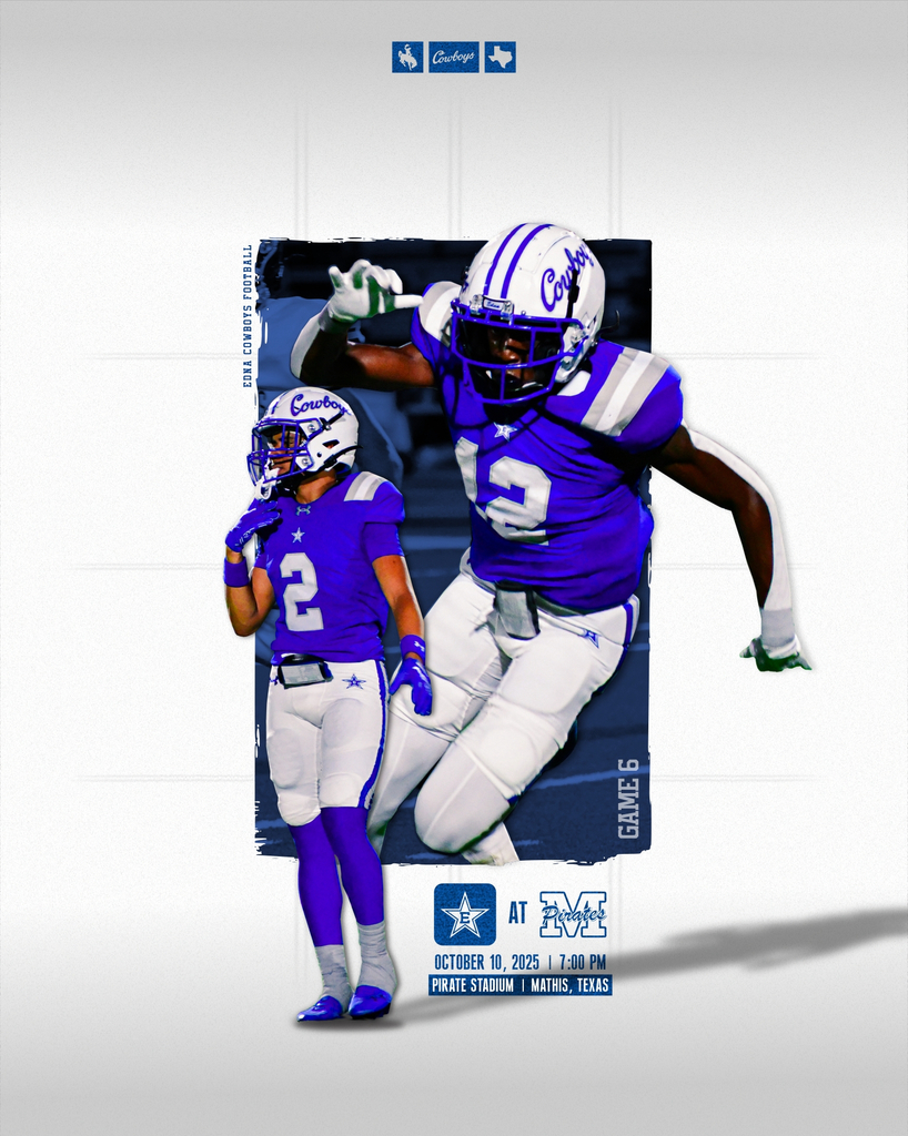 🏈 It’s Gameday, Cowboy Nation! 💙🤍 Your Edna Cowboys are on the road to take on the Mathis Pirates tonight! Kickoff is at 7:00 PM in Mathis — let’s travel well and bring that Cowboy spirit! 🔥  🎟️ Get your tickets here: https://events.hometownticketing.com/boxoffice/mathisisd/L2VtYmVkL2FsbA==