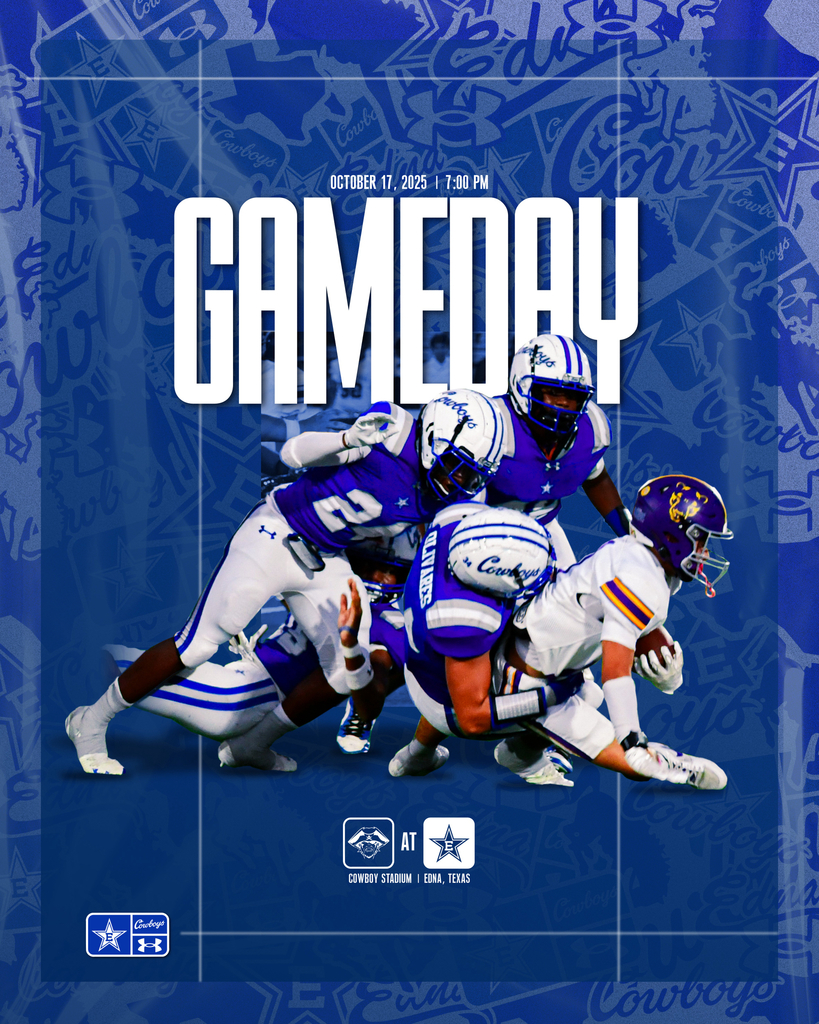 It’s GAMEDAY in Edna! 🏈💙🤍 Your Edna Cowboys take on the London Pirates tonight at Cowboy Memorial Stadium — kickoff at 7PM!  🎟️ Grab your tickets now on GoFan and pack the stands!