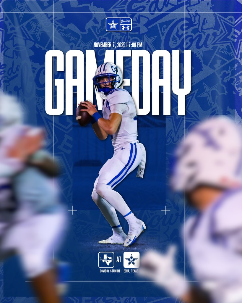 Tonight, Friday, November 7th, your Edna Cowboys take on the Palacios Sharks right here at Cowboy Memorial Stadium! 🏈💙  It’s Senior Parents Night — activities begin at 6:00 PM, followed by kickoff at 7:00 PM.  Let’s pack the stands and cheer on our Cowboys! 💪💙🤍