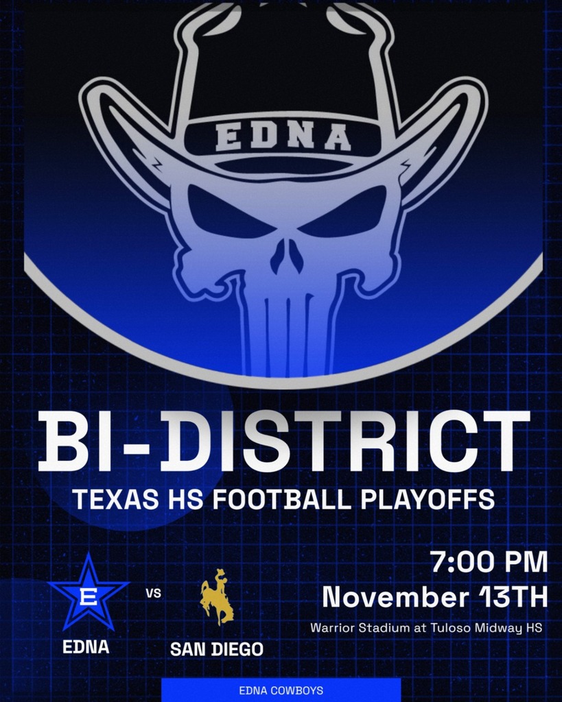🎟️ Get your tickets online now ➡ https://athletics.tmisd.us/event-tickets 🚫 At the gate = credit card only. 👝 Clear bag policy. No outside food or drinks. 📅 Edna Cowboys vs. San Diego Vaqueros — Thursday, Nov 13, 2025 – UIL Bi-District Round.
