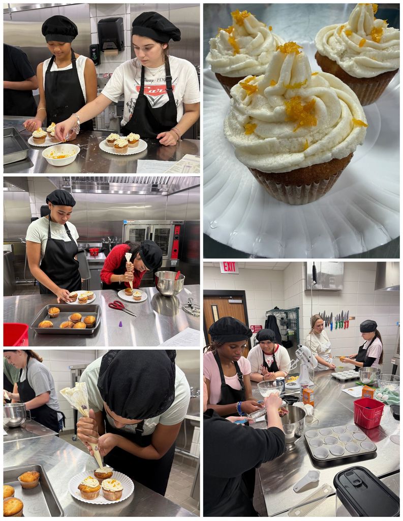 Culinary 2 students baking Ricotta-Orange Cupcakes with Buttercream Frosting