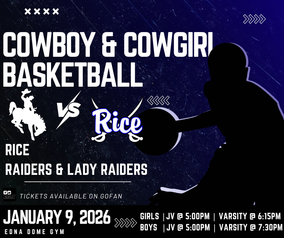 🏀 Home Game Night! 🏀 The Edna Cowboys & Cowgirls are back in the Dome Gym tonight as they take on the Rice Raiders & Lady Raiders!  Girls: JV @ 5:00 PM | Varsity @ 6:15 PM Boys: JV @ 5:00 PM | Varsity @ 7:30 PM  Let’s pack the Dome and cheer on Edna! 💙🤍