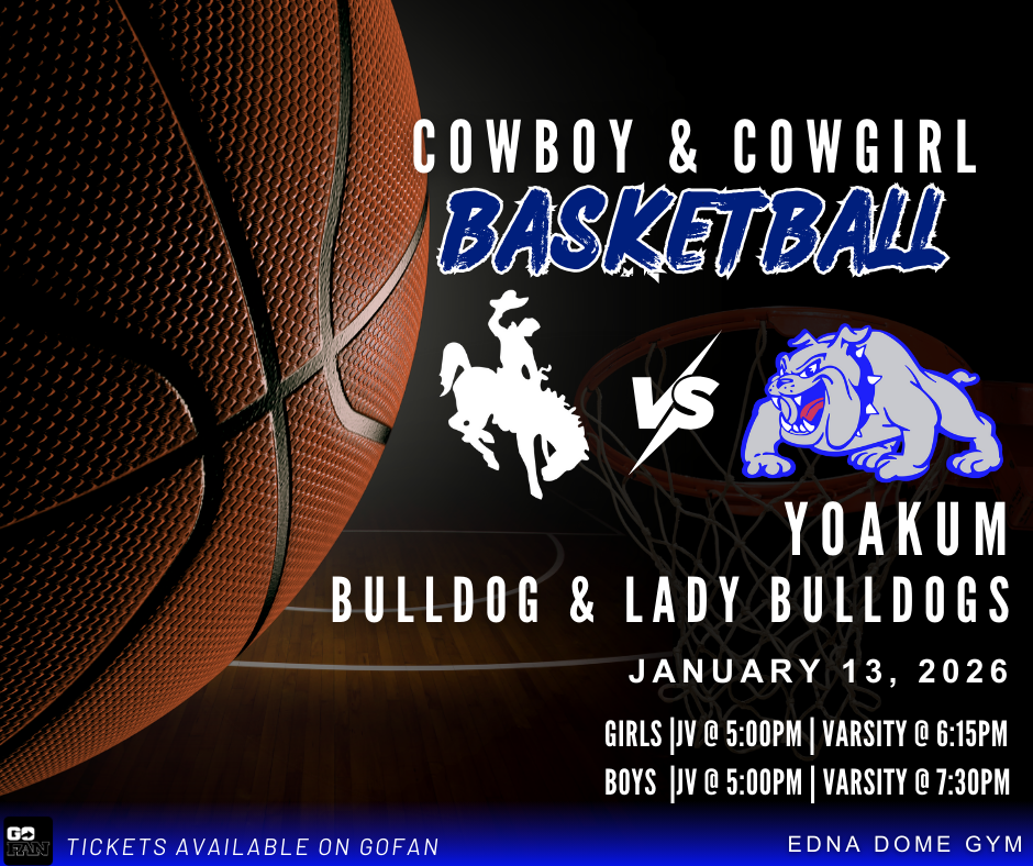 🏀 Home Game Night! 🏀 The Edna Cowboys & Cowgirls are back at home in the Dome Gym taking on the Yoakum Bulldogs & Lady Bulldogs!  Girls: JV @ 5:00 PM | Varsity @ 6:15 PM Boys: JV @ 5:00 PM | Varsity @ 7:30 PM  Come out and support the Cowboys & Cowgirls! 💙🤍