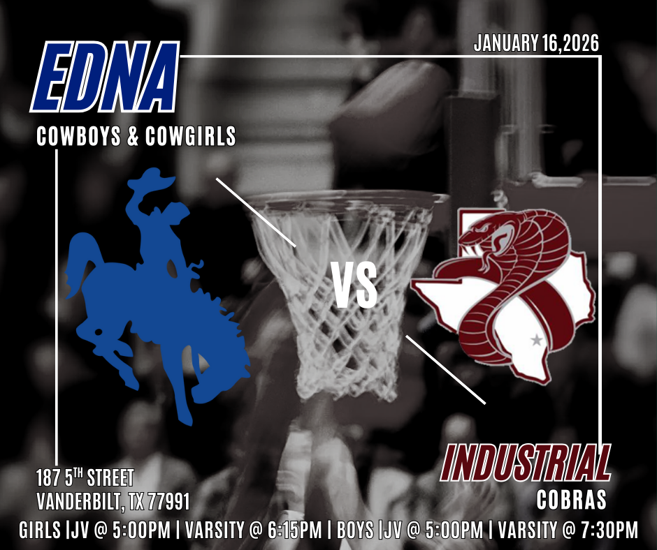 🏀 Game Day! 🏀 The Edna Cowboys & Cowgirls head to Vanderbilt to take on Industrial on their home court!  Girls: JV @ 5:00 PM | Varsity @ 6:15 PM Boys: JV @ 5:00 PM | Varsity @ 7:30 PM  Good luck to the Cowboys & Cowgirls! 💙🤍