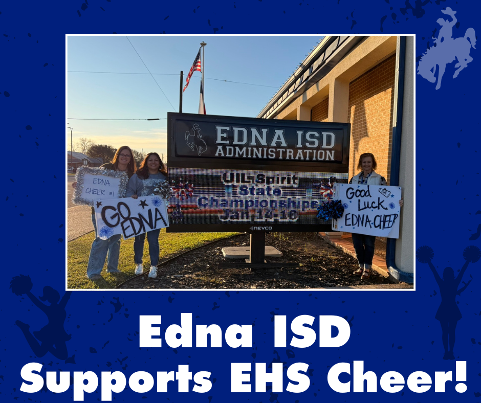 📣 Good luck to our Edna High School Cheerleaders as they head to the State Competition this week! Edna ISD is cheering you on all the way! 💙🤍