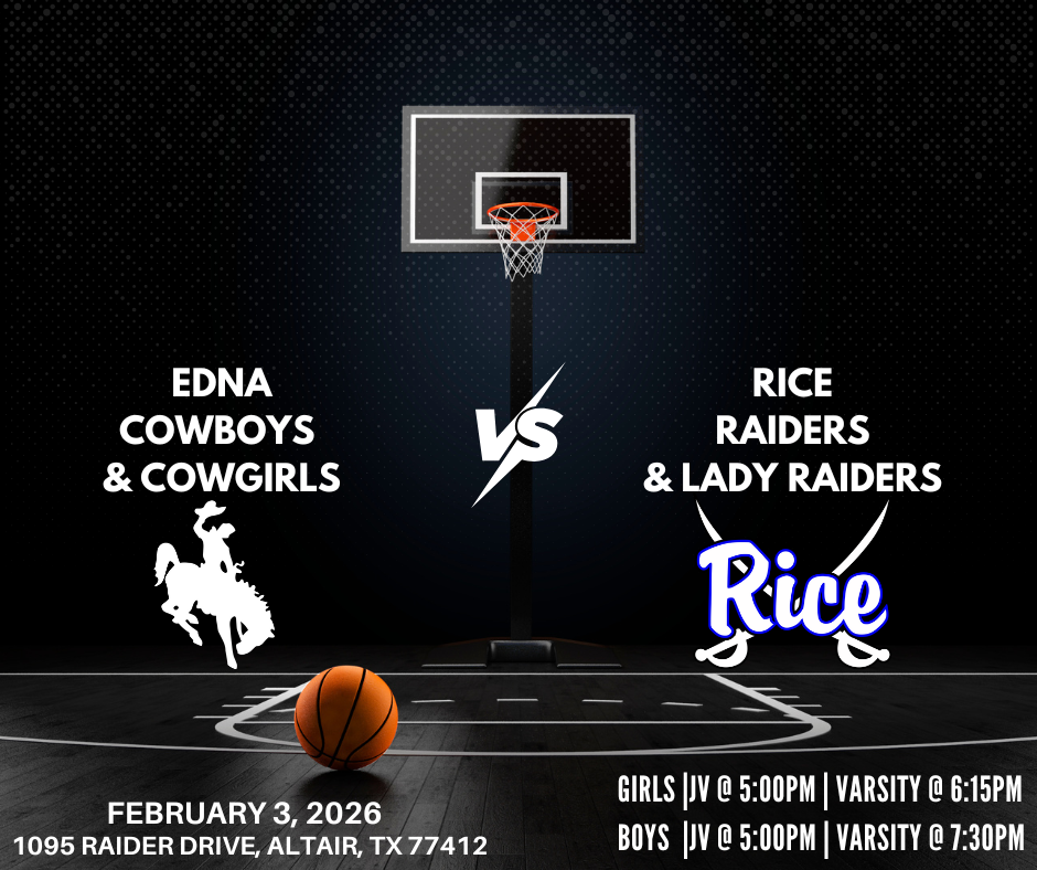 🏀 Road Game Night! 🏀 The Edna Cowboys & Cowgirls are on the road taking on Rice! Girls: JV @ 5:00 PM | Varsity @ 6:15 PM Boys: JV @ 5:00 PM | Varsity @ 7:30 PM Good luck to the Cowboys & Cowgirls! 💙🤍