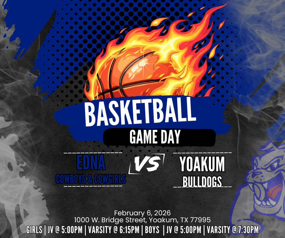 🏀 Road Game Night! 🏀 The Edna Cowboys & Cowgirls head to Yoakum to take on the Bulldogs & Lady Bulldogs! Girls: JV @ 5:00 PM | Varsity @ 6:15 PM Boys: JV @ 5:00 PM | Varsity @ 7:30 PM Best of luck to the Cowboys & Cowgirls! 💙🤍