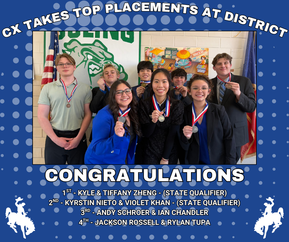 Edna’s CX Debate team swept the district competition this past Saturday, taking 1st through 4th place—an incredible showing of preparation, teamwork, and sharp arguments! 🥇 1st Place: Kyle & Tiffany Zheng - (State Qualifier) 🥈 2nd Place: Kyrstin Nieto & Violet Khan - (State Qualifier) 🥉 3rd Place: Andy Schroer & Ian Chandler 🏅 4th Place: Jackson Rossell & Rylan Tupa Next stop: State CX Debate on March 16–17. We’re proud of you—go represent Edna! 💙🗣️🔥