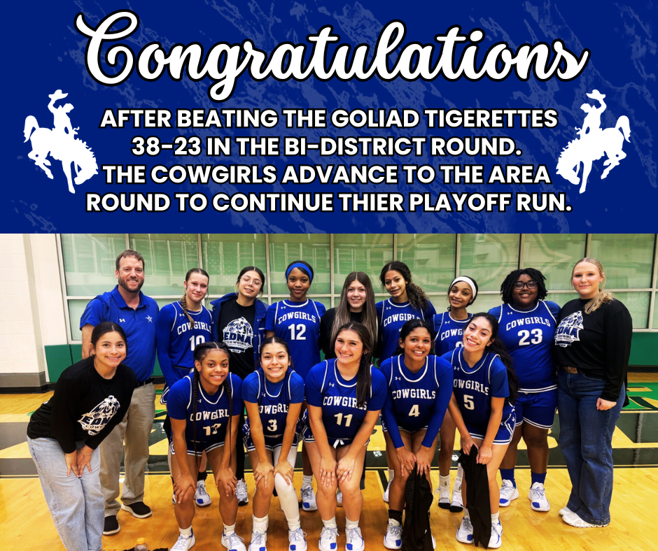 Our Cowgirls are moving on! 💙🤍 With a strong defensive effort and steady offense, they earned a 38–23 win over Goliad to claim the Bi-District Championship! They advance to the Area round. Game details coming soon. Congratulations, Cowgirls! Let’s keep it going!