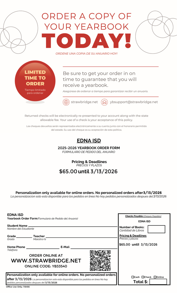 Edna ISD Yearbook Order Form 25-26