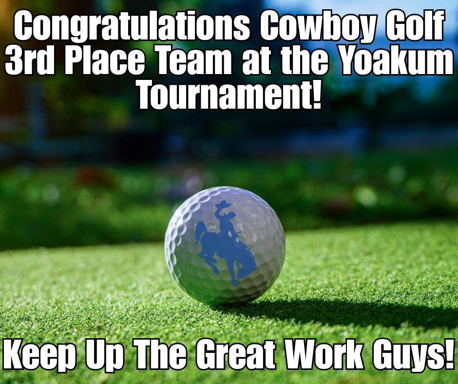 A photo depicting a field with a golf ball with the cowboys logo on the golf ball. words surrounding the ball reading congratulations cowboyu golf