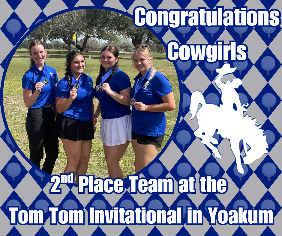 A picture with 4 girls in a circle frame says Congratulations cowgirls with the cowboys bucking bronco logo then it says 2nd place team at the Tom Tom Invitational in Yoakum
