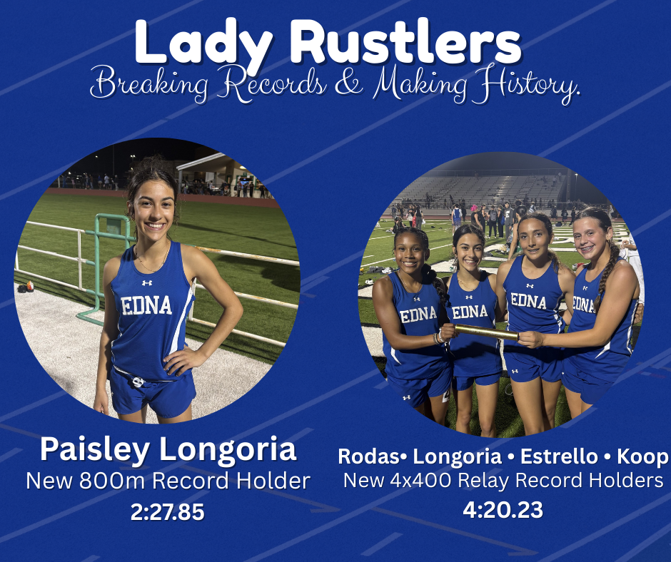 Picture depicting two circular frames with students inside and text reading lady rustlers, breaking records & making history