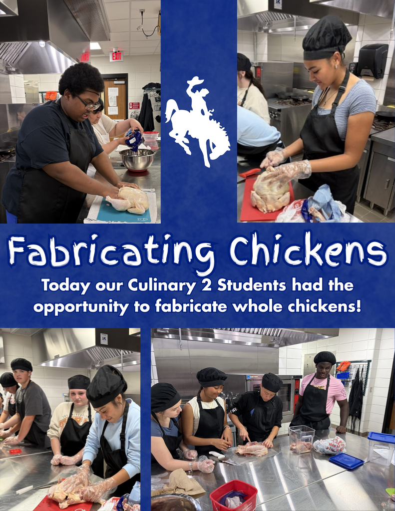 A flyer with 4 photos with text that states Fabricating Chickens -- Today our culinary 2 Students had the opportunity to fabricate whole chickens!