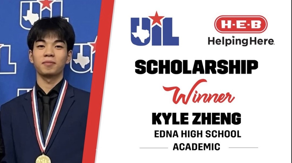 A photo of student Kyle sheng being acknowledged for recieving a scholarship from H-E-B