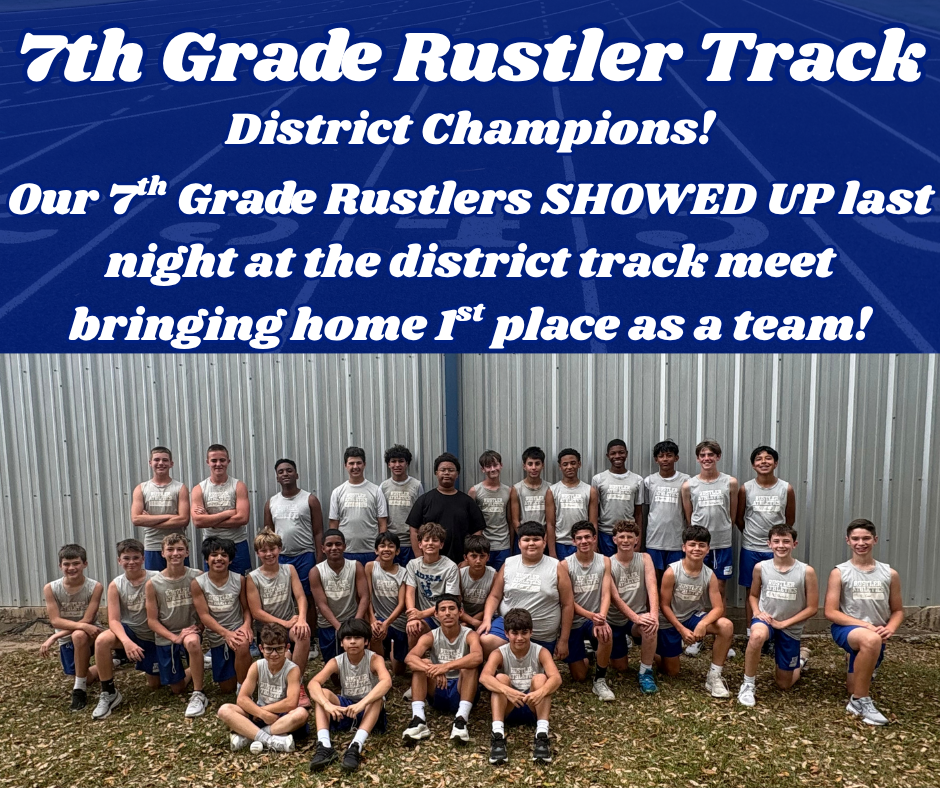 District Champs! 🏆  The 7th grade Rustlers brought home the Team Championship at the District Track Meet!  Proud of the hard work, effort, and determination these young men showed. Way to represent Edna! 💙