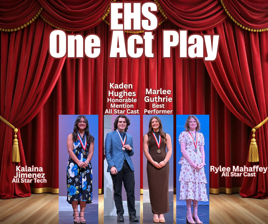 Congratulations to these Edna High School students for being recognized at the One Act Play contest! 🎭 ⭐ All Star Tech — Kalaina Jimenez ⭐ All Star Cast Honorable Mention — Kaden Hughes ⭐ All Star Cast — Rylee Mahaffey ⭐ Best Performer — Marlee Guthrie We are proud of your hard work and the way you represented EHS on stage! 💙