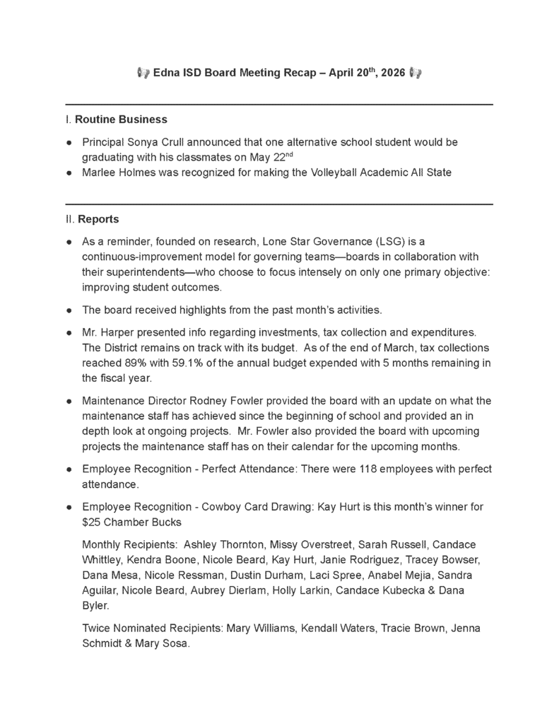 Edna ISD Board Meeting Recap April 20 - Page 1