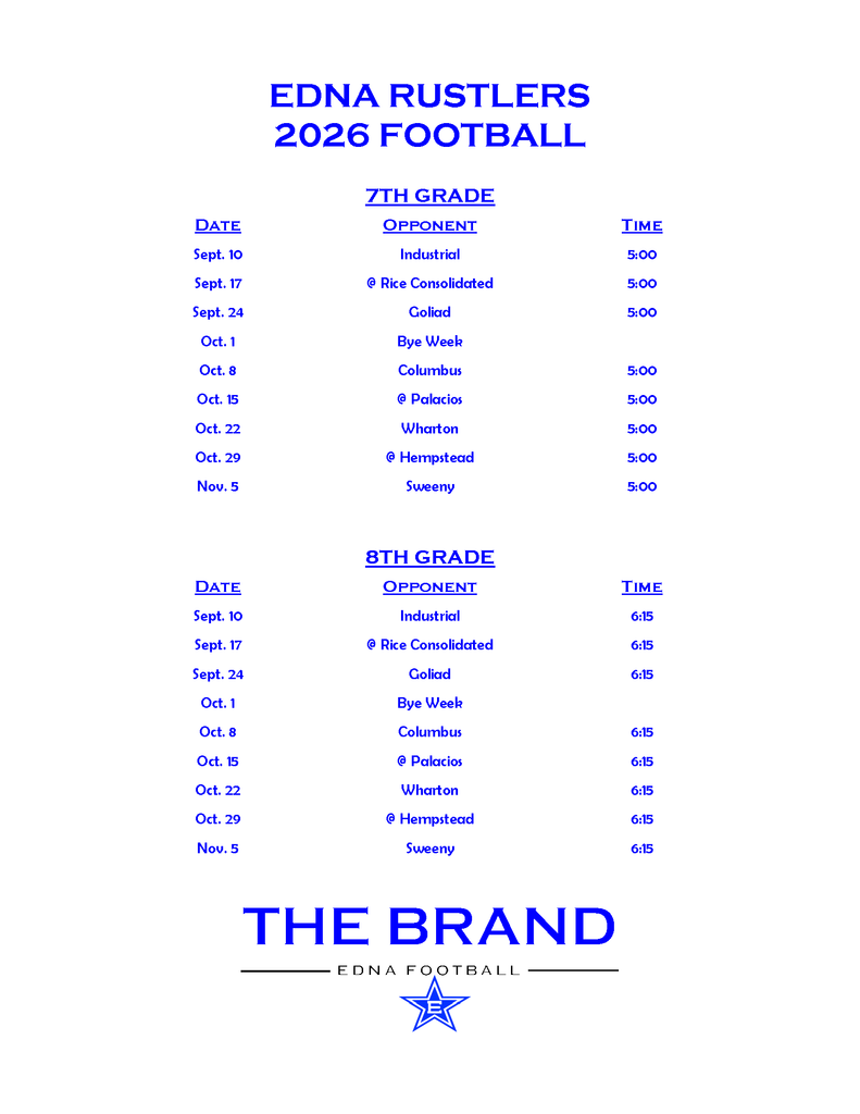 2026 Edna Rustler Football Schedule