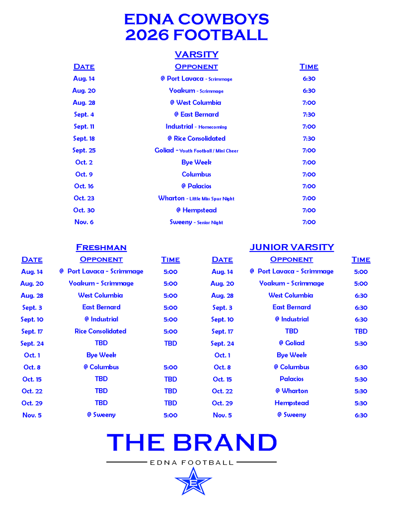 2026 Edna Cowboy Football Schedule