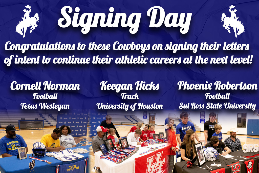 This morning, three Cowboys officially signed to continue their athletic and academic careers at the next level!  🏈 Cornell Norman – Wesleyan Rams Football 🏃‍♂️ Keegan Hicks – University of Houston Track 🏈 Phoenix Robertson – Sul Ross State Football  Congratulations, Cowboys! We’re proud of you and wish you the best in your future endeavors. 🤠💙