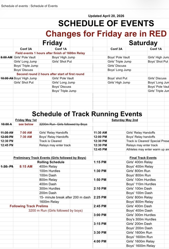Regional Track Updated Schedule