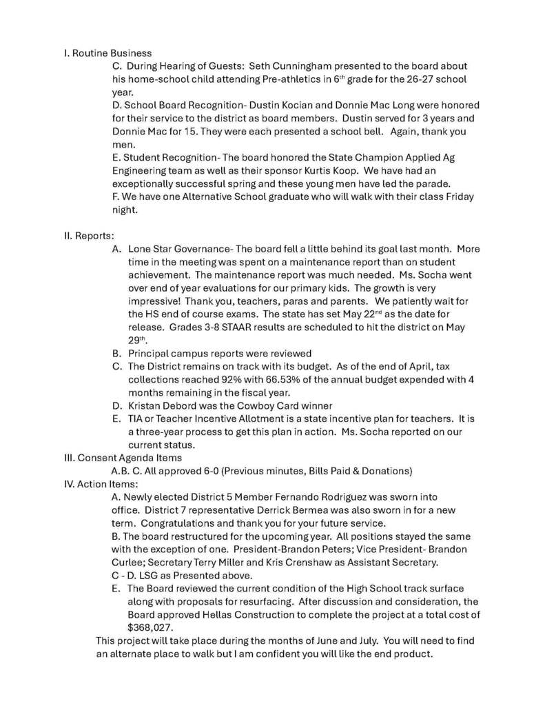 Page one of board meeting notes