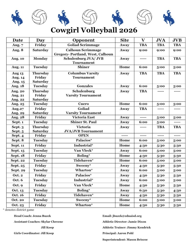 EHS Cowgirl Volleyball 2026 Schedule
