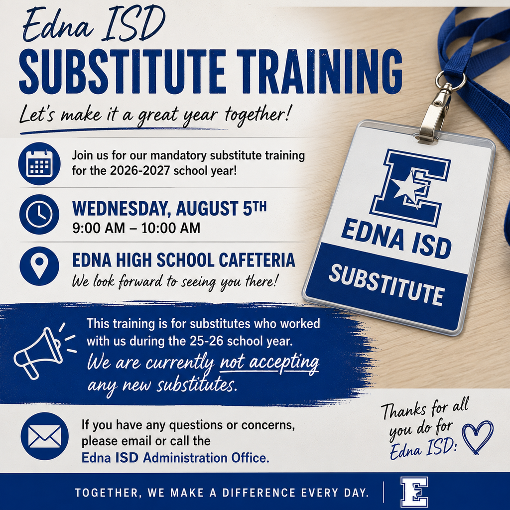 Substitute training is Wednesday August 05 at 9am in the high school cafeteria