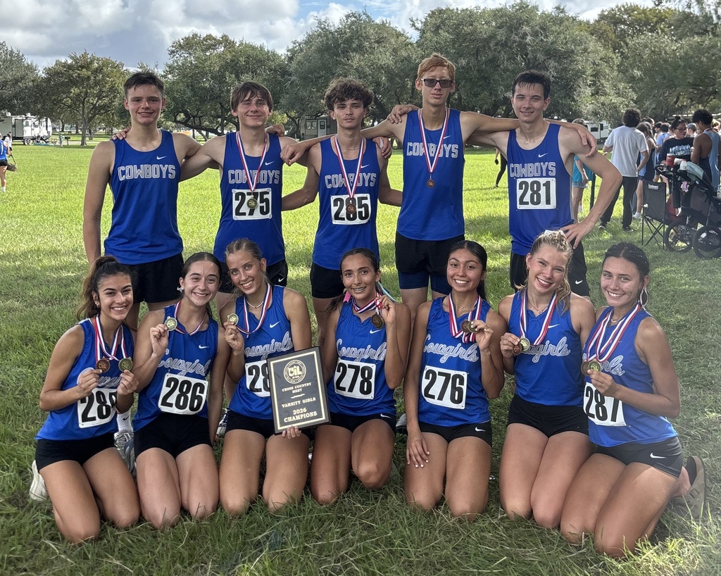 The Varsity Cowgirls are the District 24-3A CHAMPIONS and Regional Bound!!  The team consist of Paisley Longoria who placed 3rd, Emma Shoemate 4th, Luna Estrello 7th, Yoselin Calzada-Alba 8th, Maggie Sklar 9th, Ailani Ramirez 11th and Piper Loggans 18th!! A great TEAM effort by all!!    JV Cowboy Eamon Heald placed 8th!!    Varsity Cowboys had two Regional Qualifiers!  Hanson Braunholz was the Varsity Boys Champion and  Emmett Pyle finished 5th!    Their hardwork, discipline and determination showed today! Great job to all runners!!  Good luck to the regional qualifiers as they move forward!