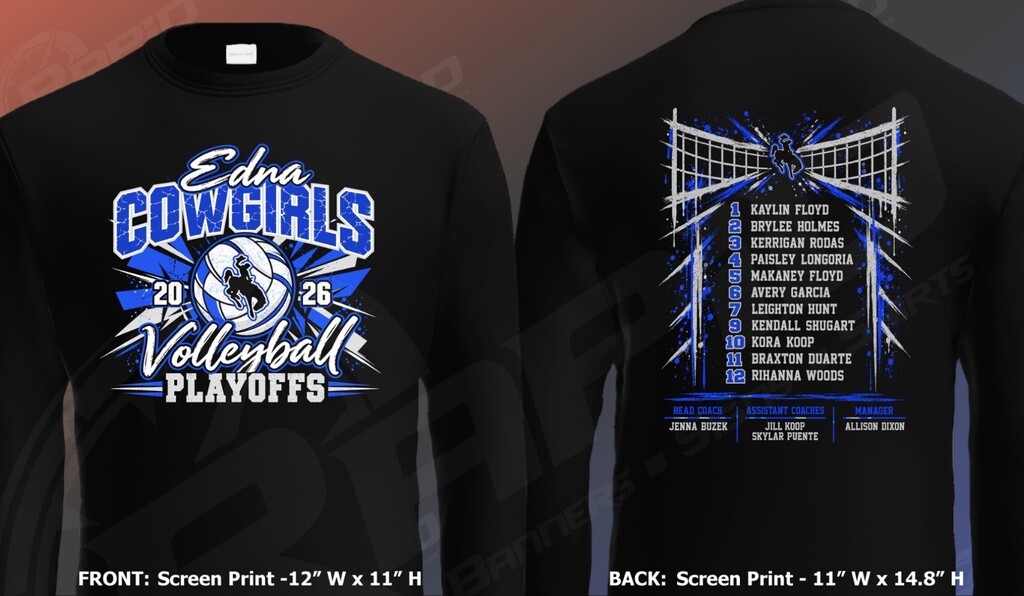 🏐 COWGIRL VOLLEYBALL PLAYOFF SHIRTS! 💙  It's playoff time, and we've got the shirts to match! Show your support for our Cowgirls as they head into the playoffs!  Shirts are $20 each. Order forms and payment must be turned in by THIS FRIDAY, October 23, at NOON!  Forms and payment may be dropped off at the EHS Front Office, EISD Administration Office, or turned in to Coach Buzek or Coach Koop.  Checks should be made payable to Edna Athletics.