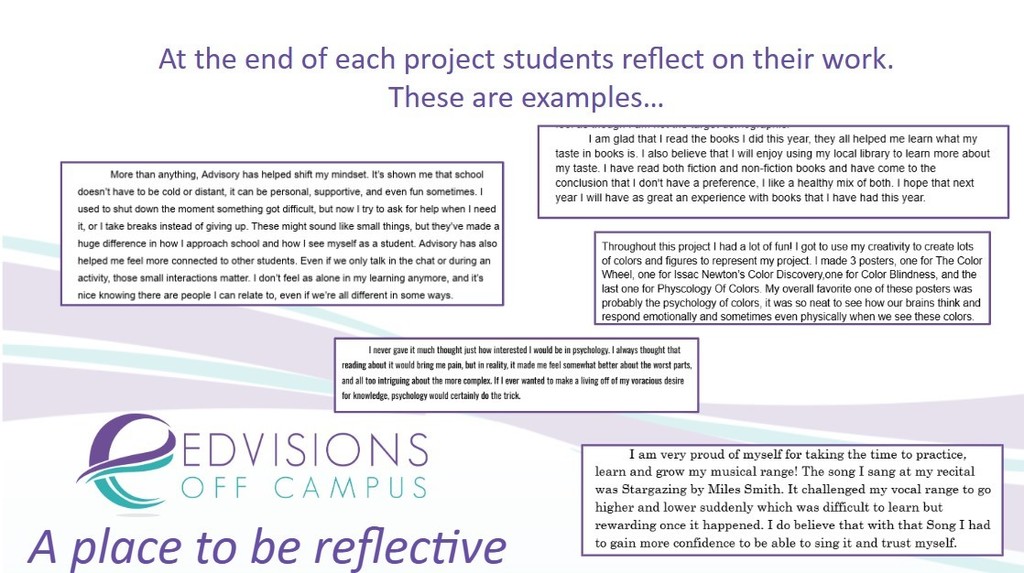 At the end of each project students reflect on their work.  These are examples… followed by screen clips of writing by students.