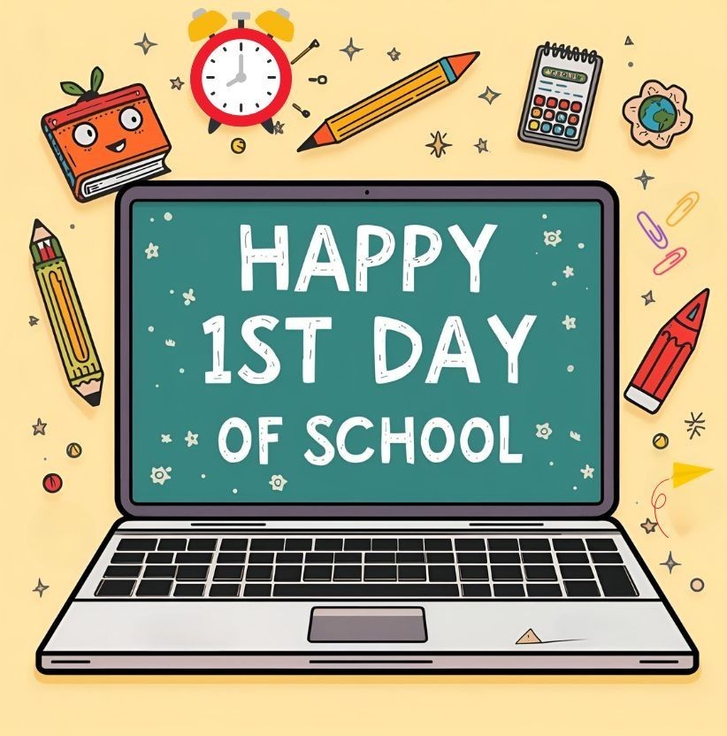 computer with happy first day of school on it