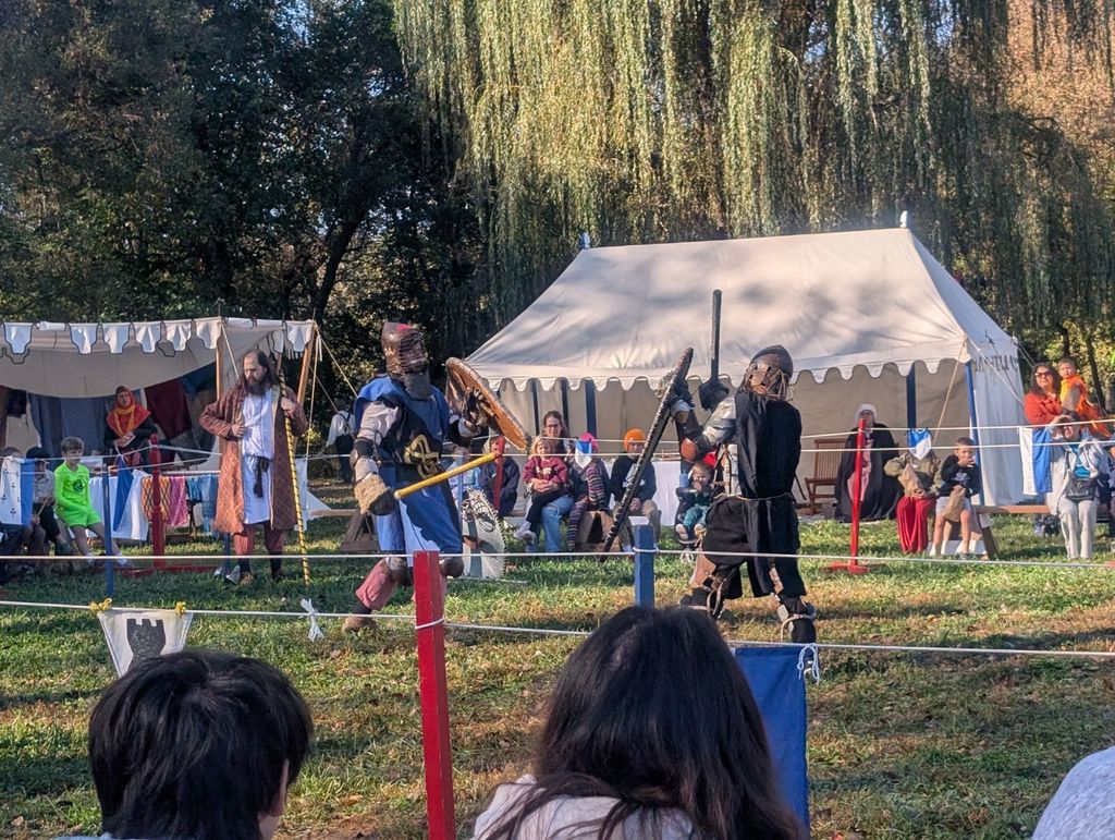 people watching a jousting demonstration