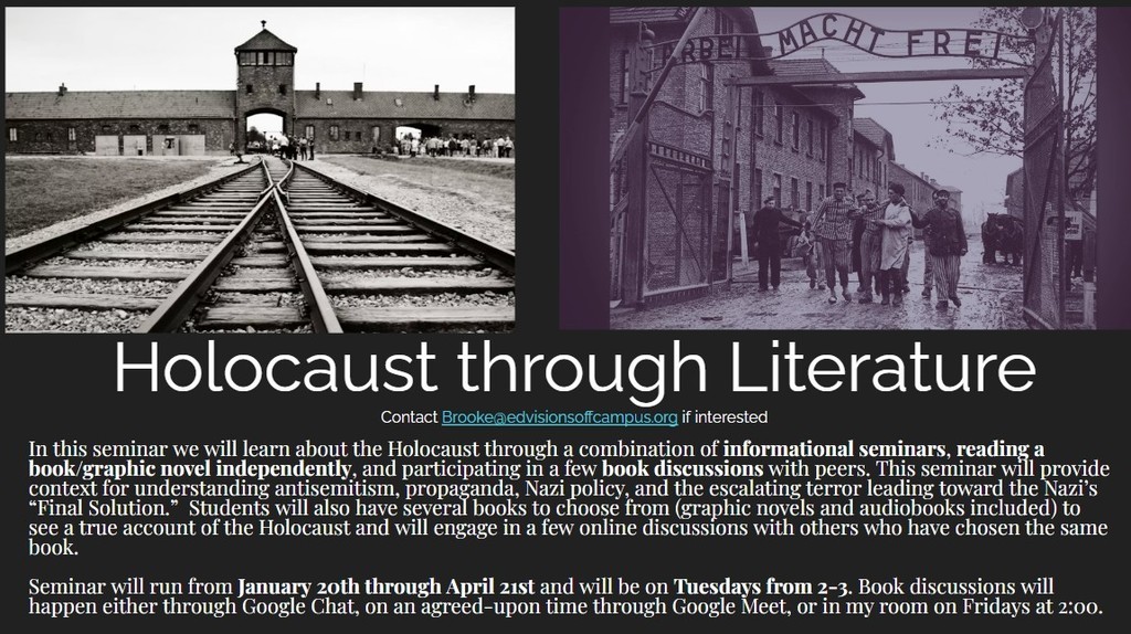Holocaust through Literature seminar starting Tuesday January 20th from 2-3 pm. 