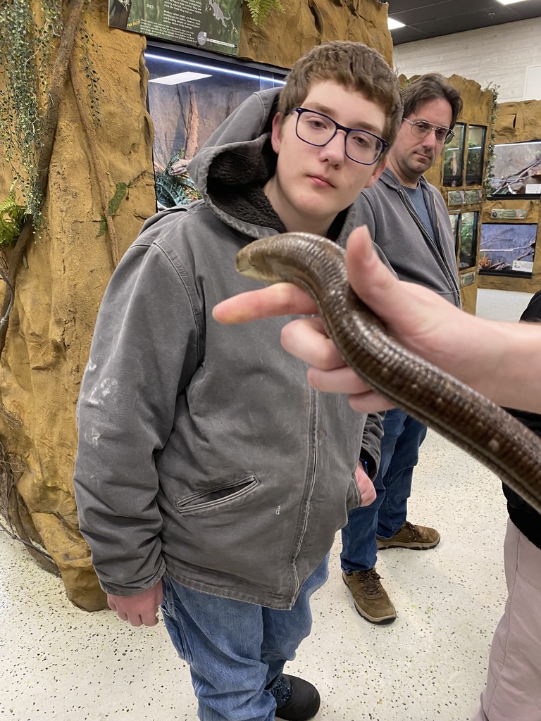 student looking at an eel
