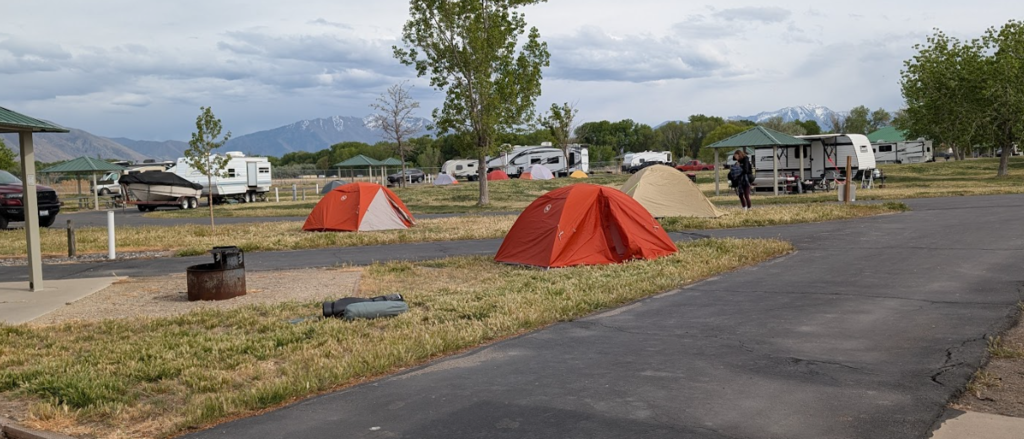 Camp all set up before it rained at Lake Utah