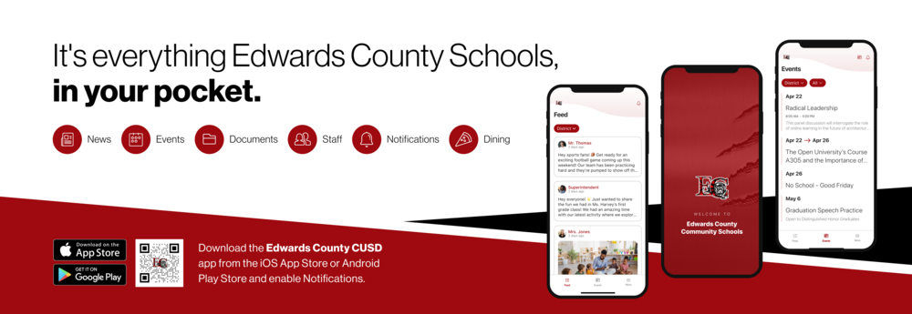 three cell phones displaying the Edwards County Schools app
