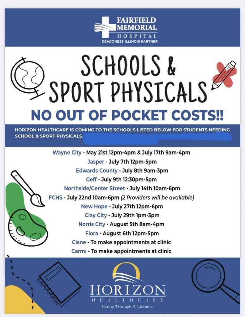 Flyer from Fairfield Memorial Hospital and Horizon Healthcare advertising free "Schools & Sport Physicals" with a schedule of dates and locations.