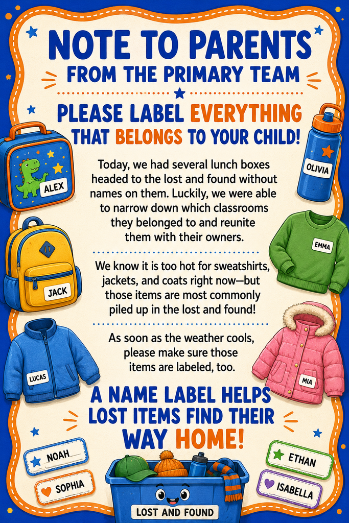 Note notifying parents to label all student items