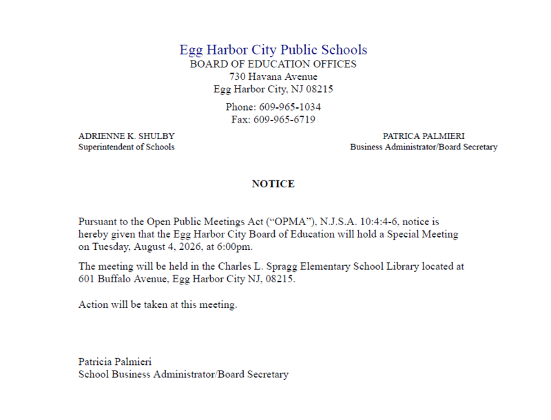 Special Meeting Notice for Tuesday, August 4, 2026 at 6:00 PM