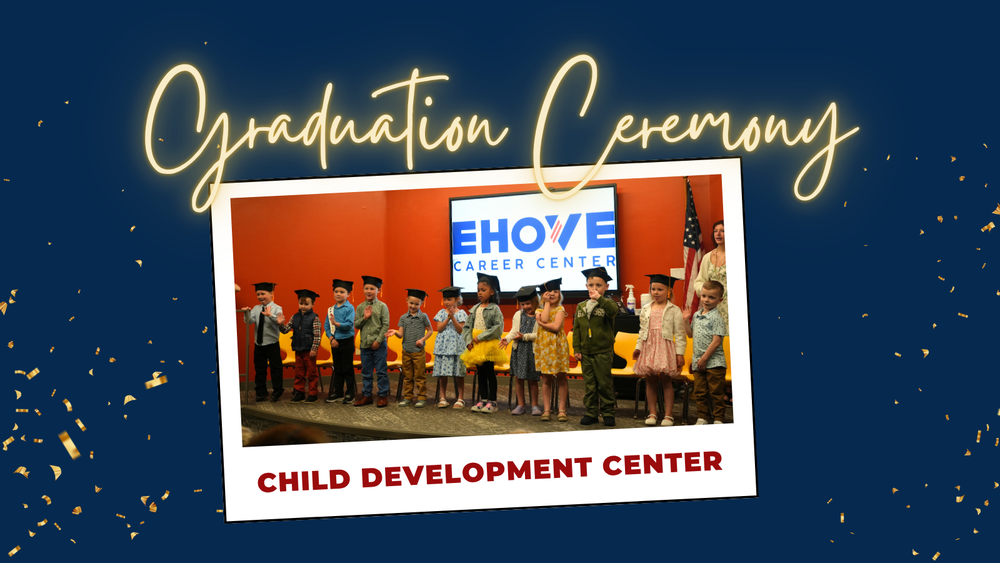 group photo of kids with Child Development Center Graduation Ceremony headers