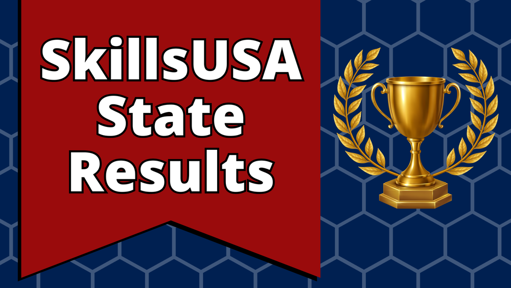 SkillsUSA State Results graphic with a banner and trophy