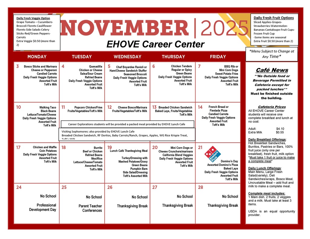 EHOVE Career Center November menu
